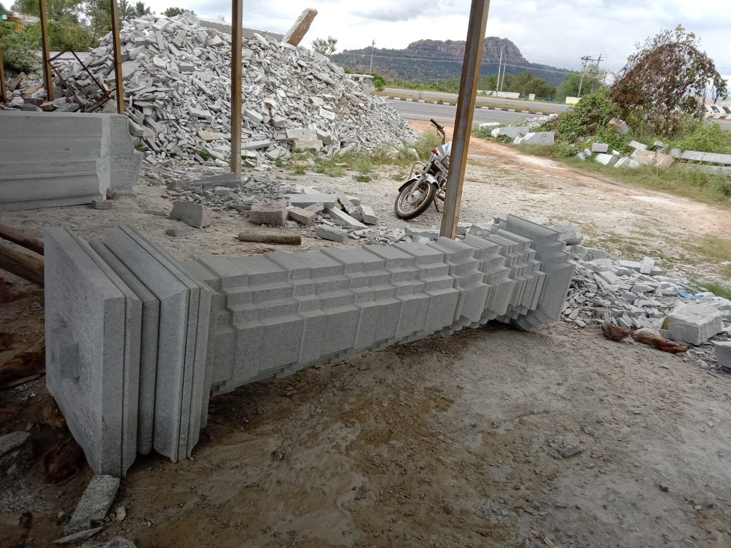 Dressed granite cornice blocks stacked in the stockyard