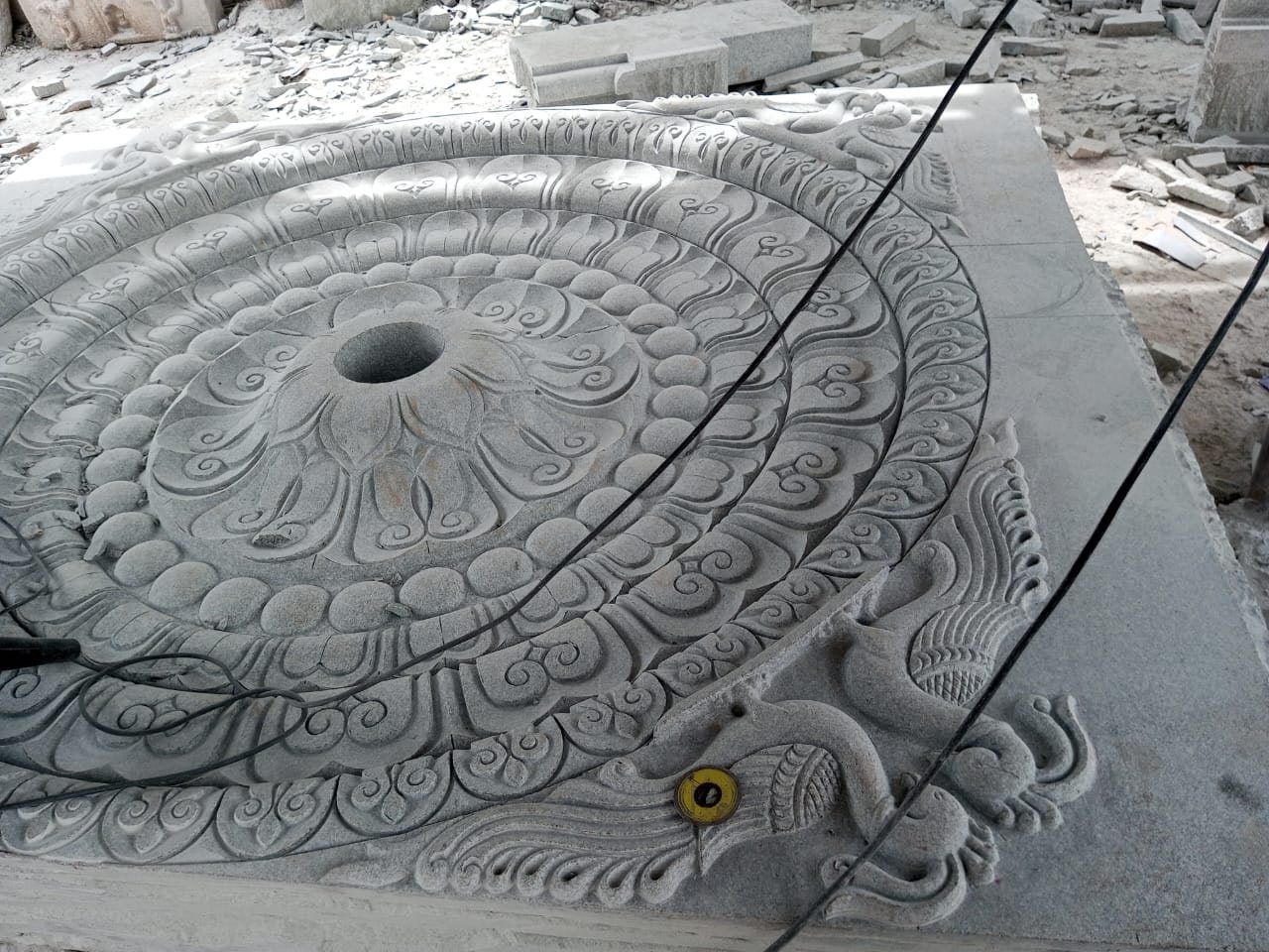 Finished circular lotus ceiling medallion carved in granite