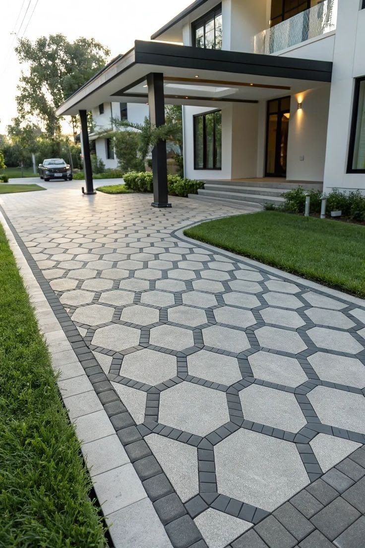Hexagon paver driveway laid in front of a modern home