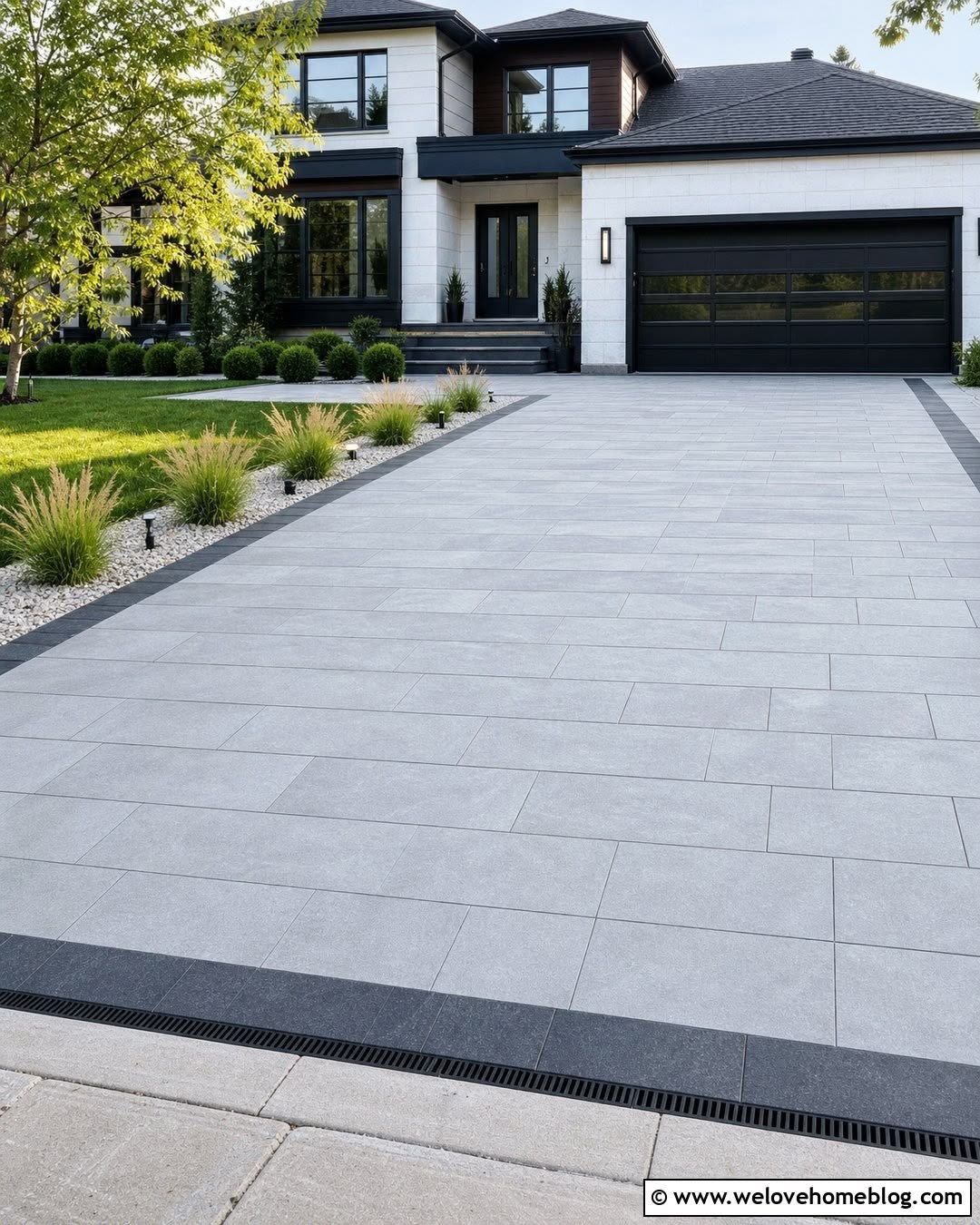 Brick-bond paving pattern across a wide driveway