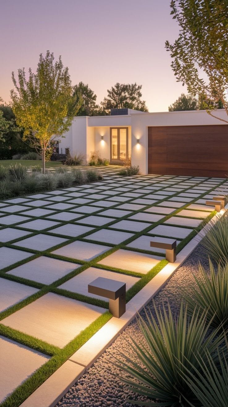 Paved entrance approach in natural stone